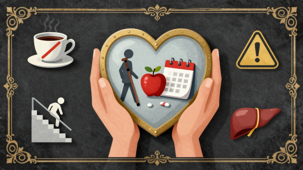 A heart shield protected by healthy habits and warning symbols against dangerous interactions with carvedilol.