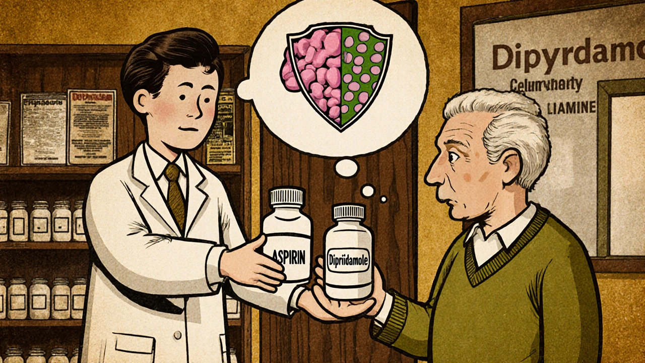 An elderly patient receiving aspirin and dipyridamole pills from a pharmacist in a retro pharmacy.
