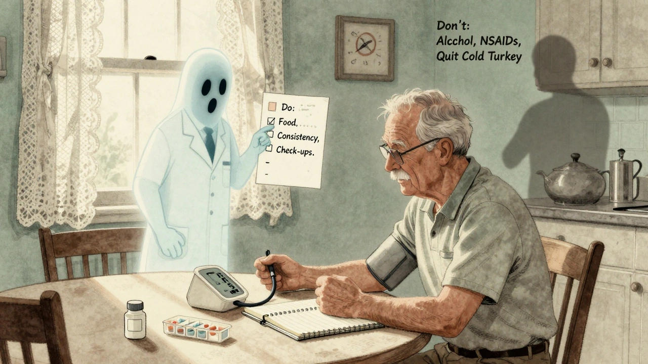 An older man recording his blood pressure and heart rate at the kitchen table with medical reminders nearby.