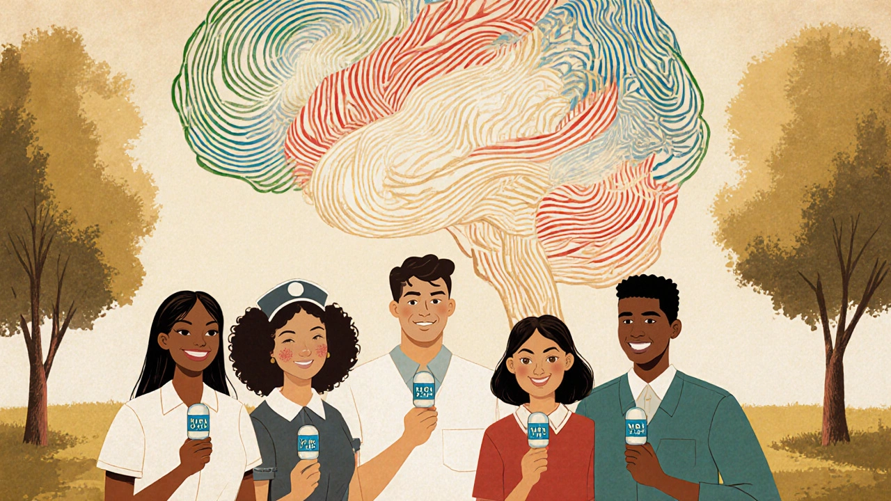 Diverse group holding lithium pills, glowing brain with balanced neural pathways in background.