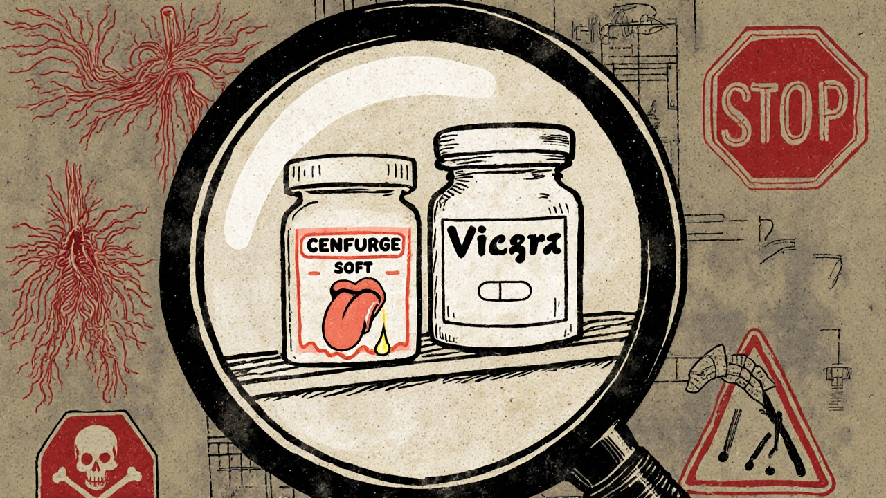 Magnifying glass revealing Cenforce Soft vs. Viagra tablets with safety warnings, retro style.