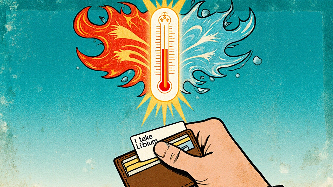 Man with lithium medical card, thermostat-like device regulating stormy and frozen emotional states.