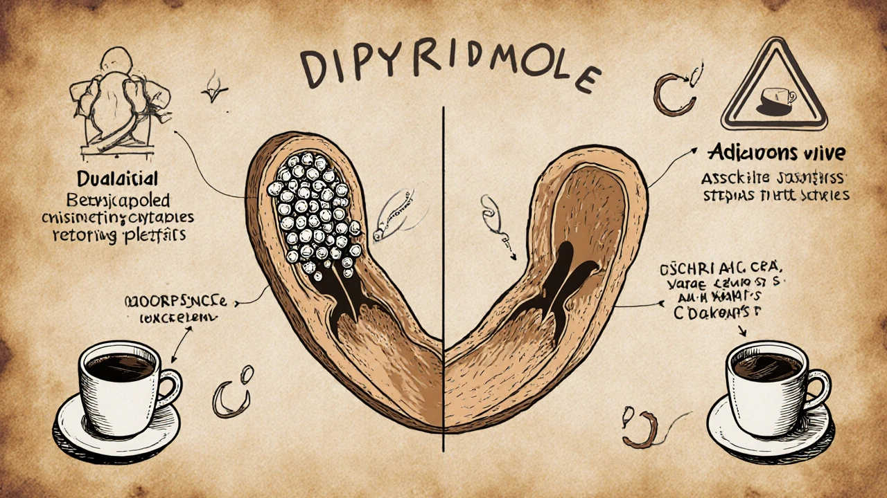 Split medical diagram showing platelet clumping vs. dipyridamole&#039;s calming effect with caffeine warnings.