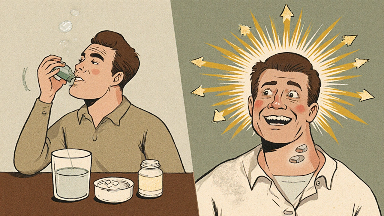 Split scene comparing swallowing a pill vs. dissolving a sublingual tablet, vintage illustration.