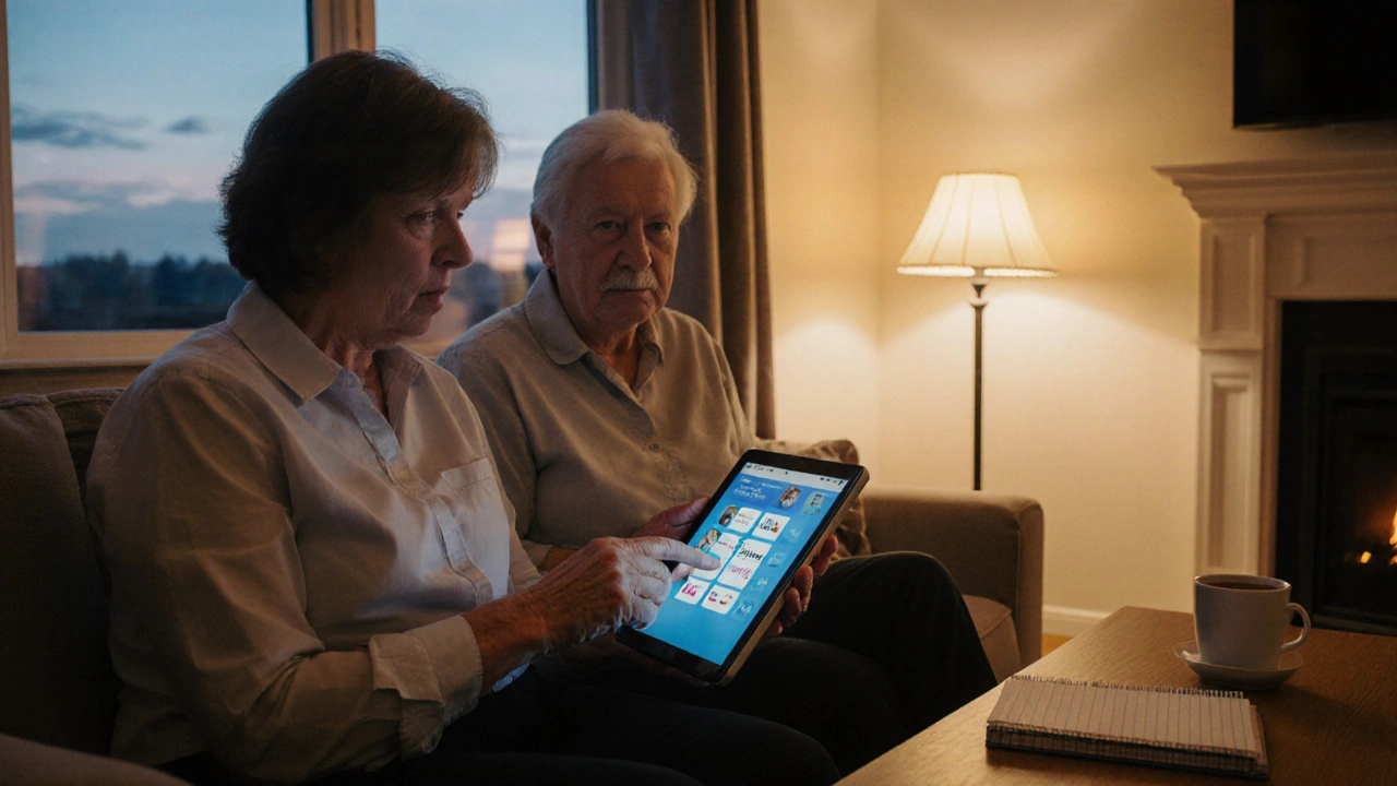 Caregiver and stroke survivor using a tablet AAC device for home speech practice.