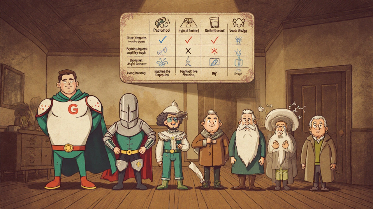 Cartoon characters representing different acne treatments with a comparison chart above.