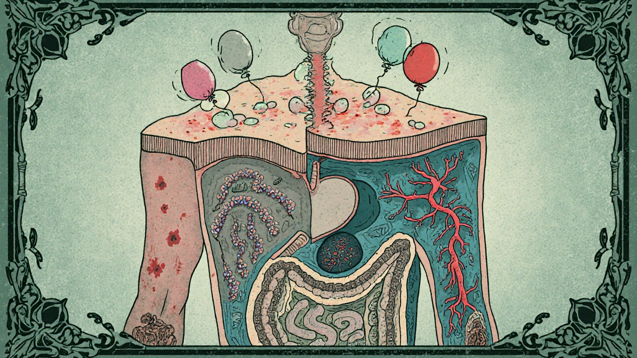 Cartoon cross‑section of body showing mast cells releasing histamine and gut bacteria.