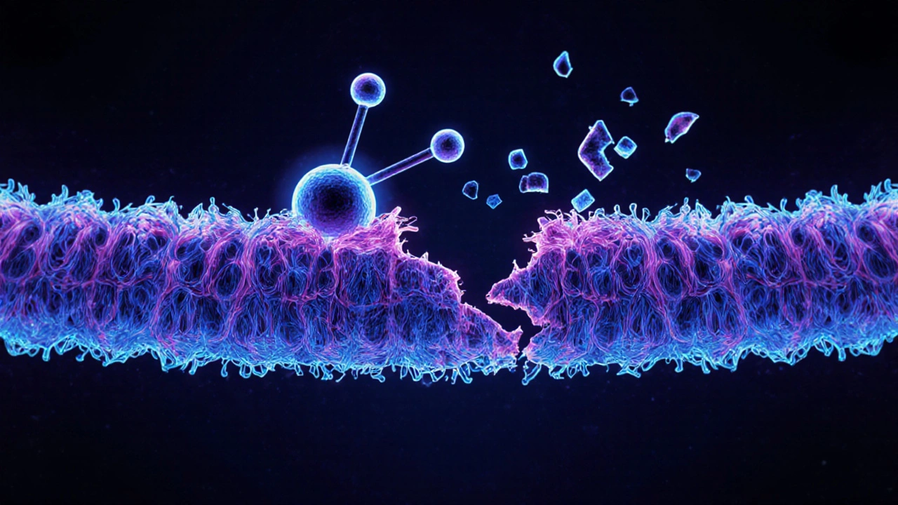 Cephalexin molecule binding to bacterial cell wall causing it to break apart.
