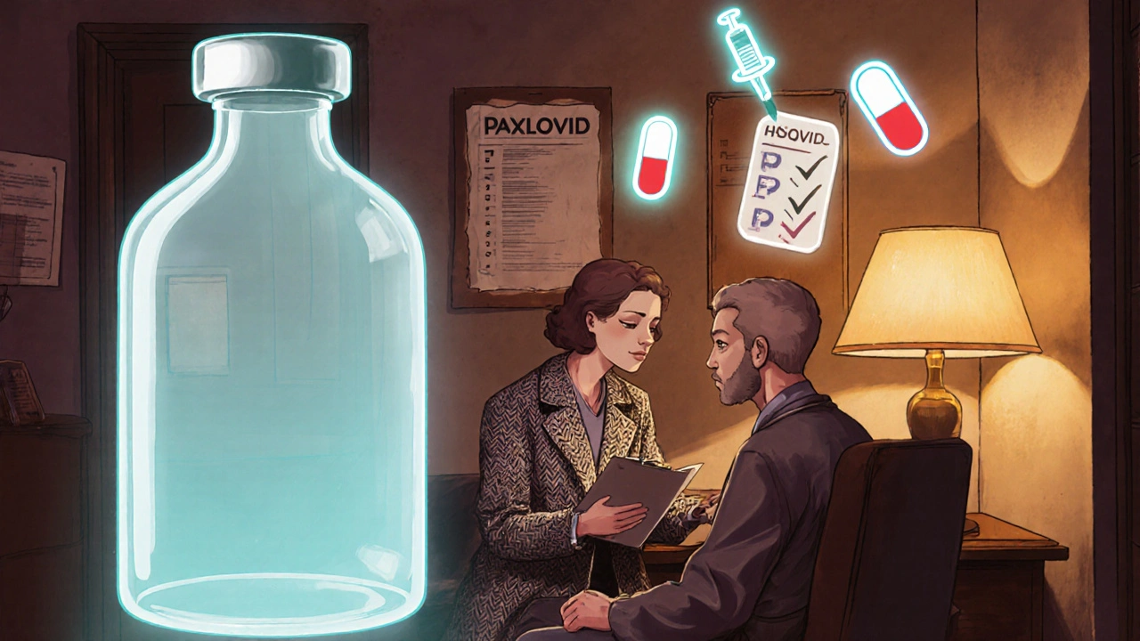 Clinic scene with a doctor, fading Hsquin bottle, and bright icons of proven therapies.