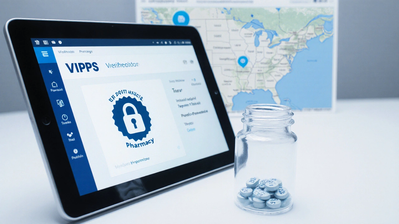 Close-up of tablet showing pharmacy verification icons and a bottle of generic topiramate tablets.