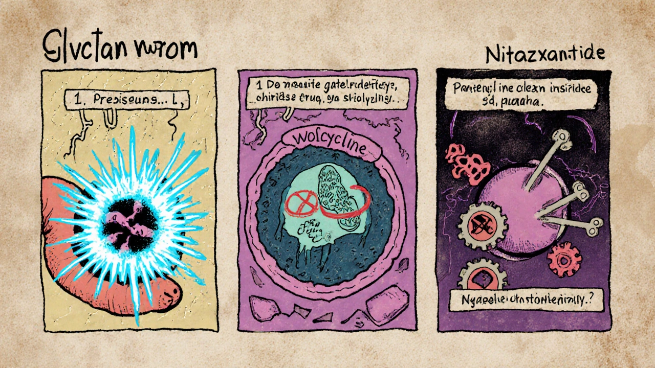 Comic strip showing Iverheal paralyzing a worm, Doxycycline targeting Wolbachia bacteria, and Nitazoxanide disrupting Giardia enzymes.
