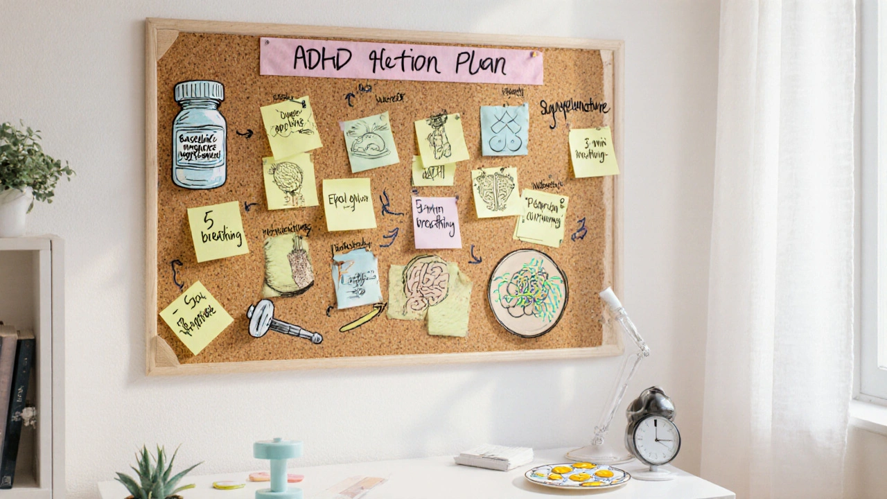 Corkboard action plan with sticky notes and sketches for supplements, exercise, diet, and therapy for ADHD.