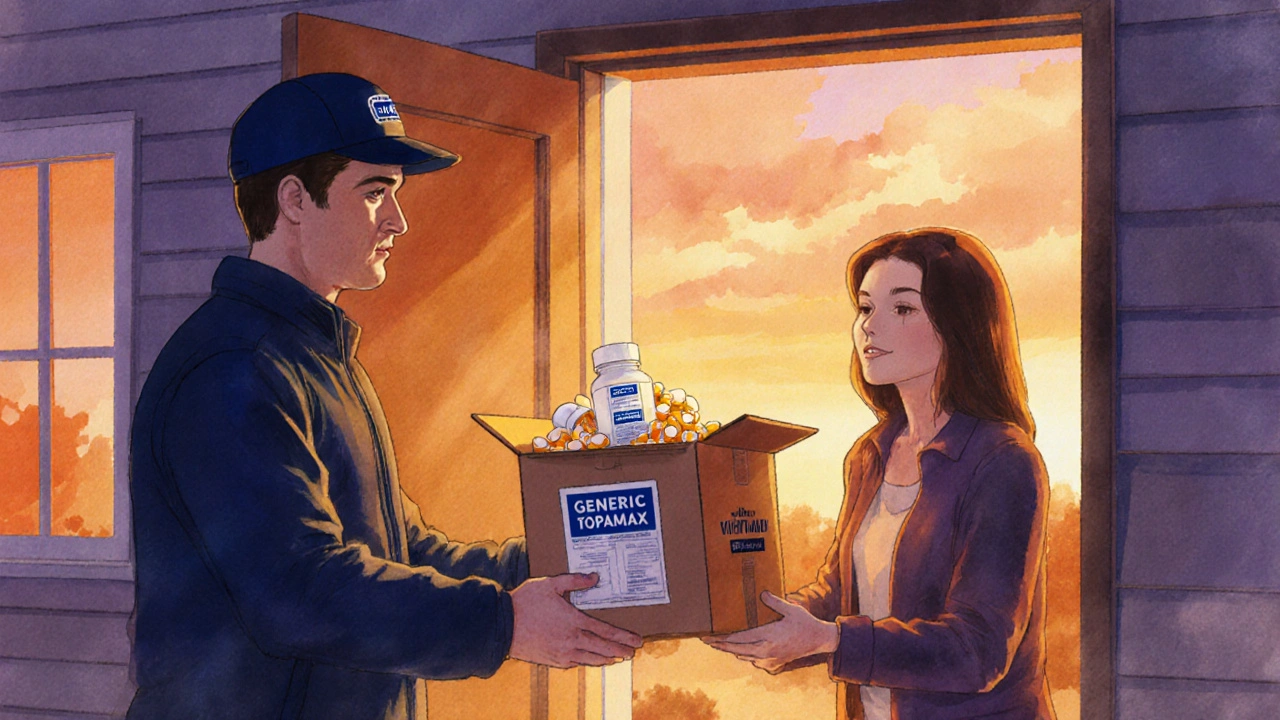 Courier delivering a box with a Topamax pill bottle to a happy recipient at dusk.