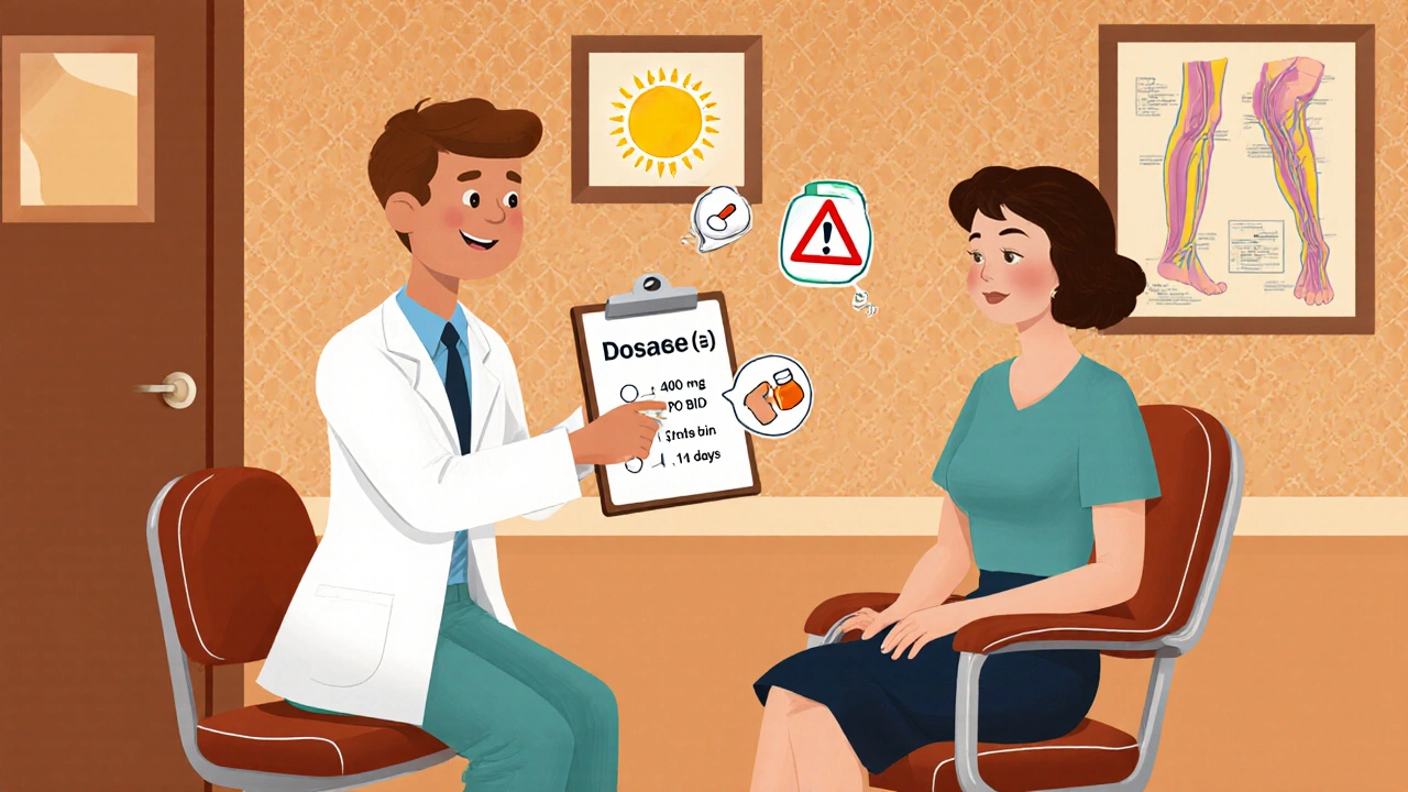 Doctor counseling patient about dosage and side‑effects with vintage icons.