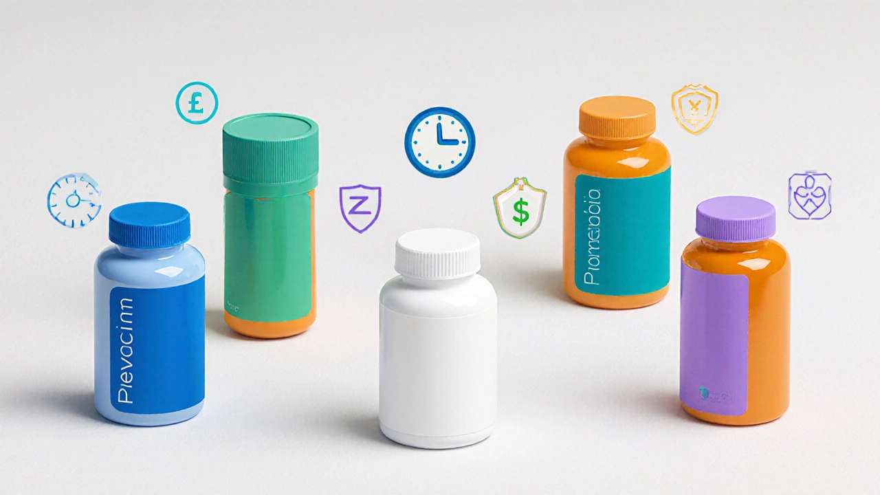 Flat‑lay of six different pill bottles with icons for speed, cost, and safety.