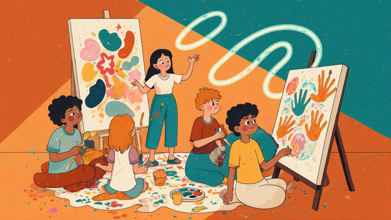 Group art therapy session with patients painting together.