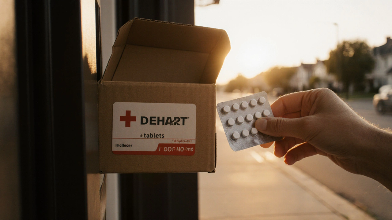 Hand receiving a pharmacy delivery box with a blister pack of white tablets.