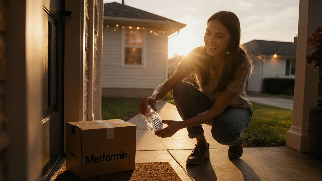 Happy recipient opening a pharmacy box with Metformin tablets on a porch at sunset.