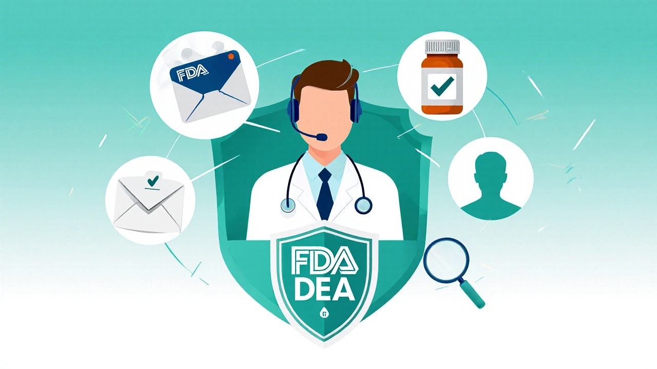 Illustrated pharmacist with shield, envelope, credit card, and pill icons representing safety checklist.