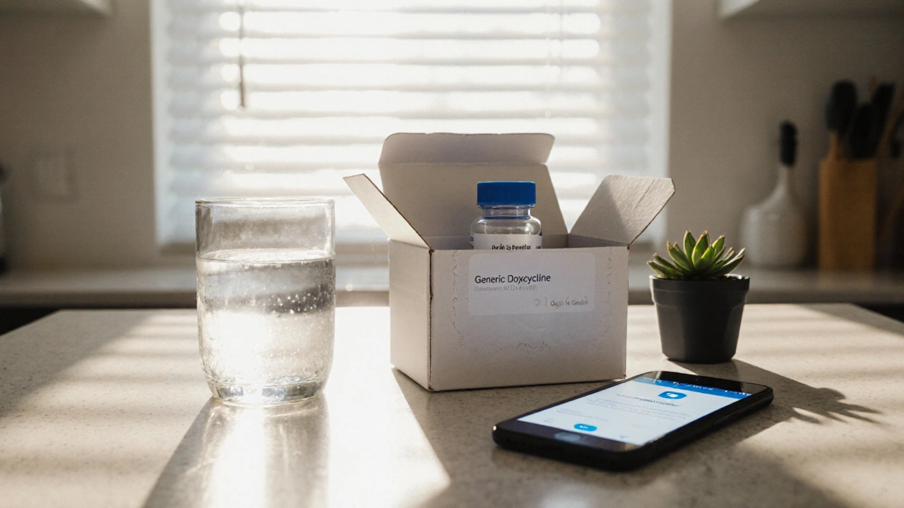 Kitchen counter with medication box, doxycycline bottle, water glass, and phone notification.