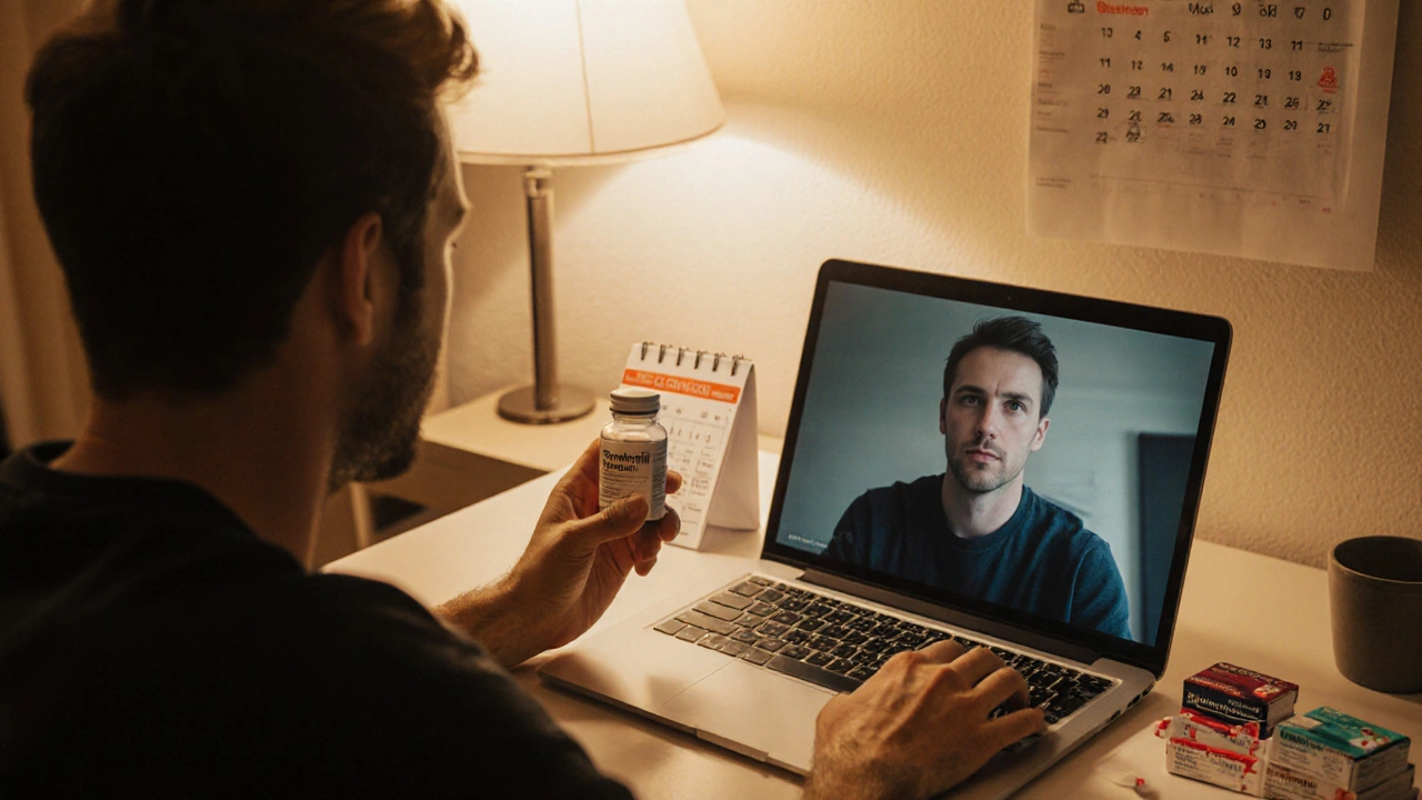 Man reviewing medication options on a laptop, holding a pill bottle, reflecting on choice.