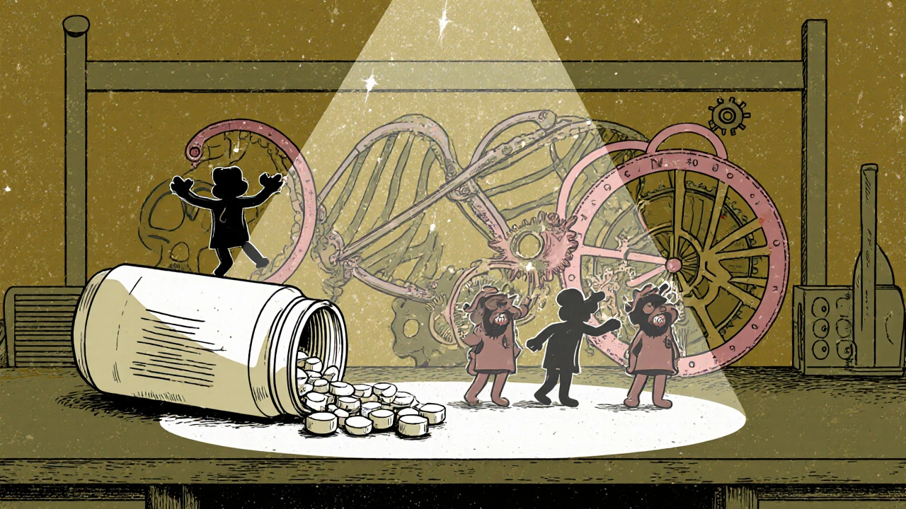 Ofloxacin pills and DNA helix blocking cartoon bacteria.