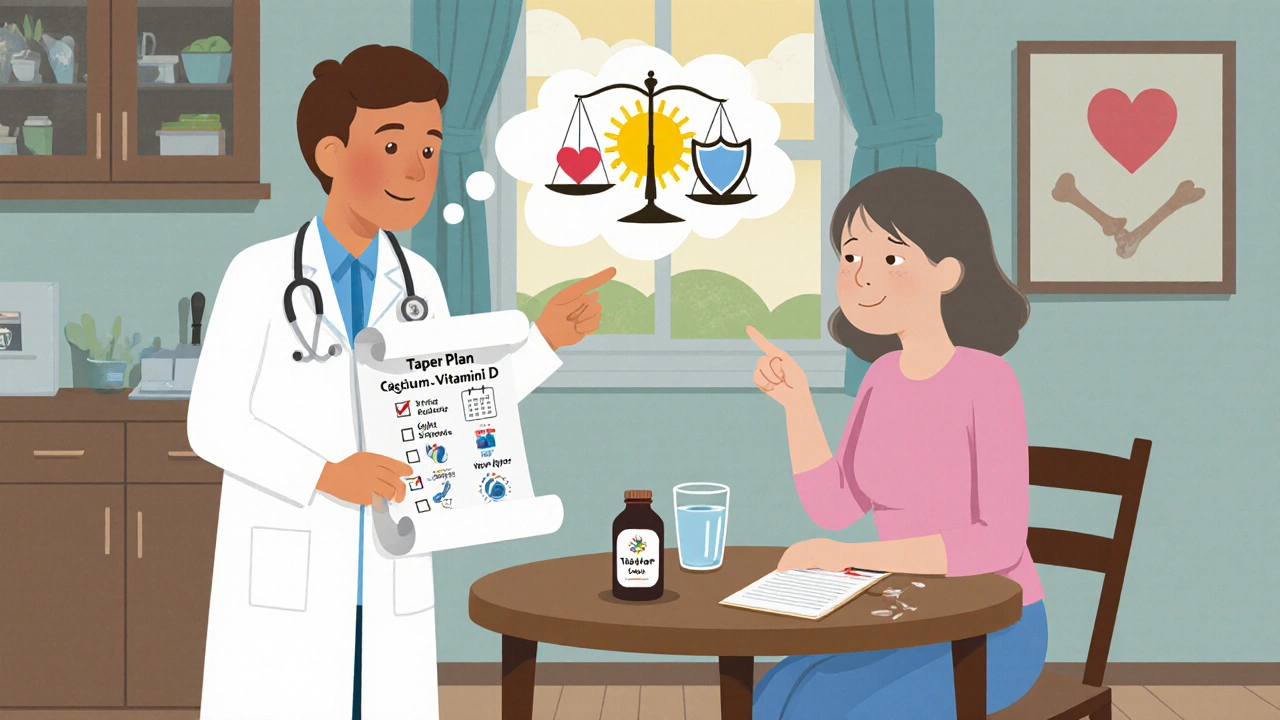 Patient and doctor reviewing a taper plan with calcium supplement and tip icons at home.