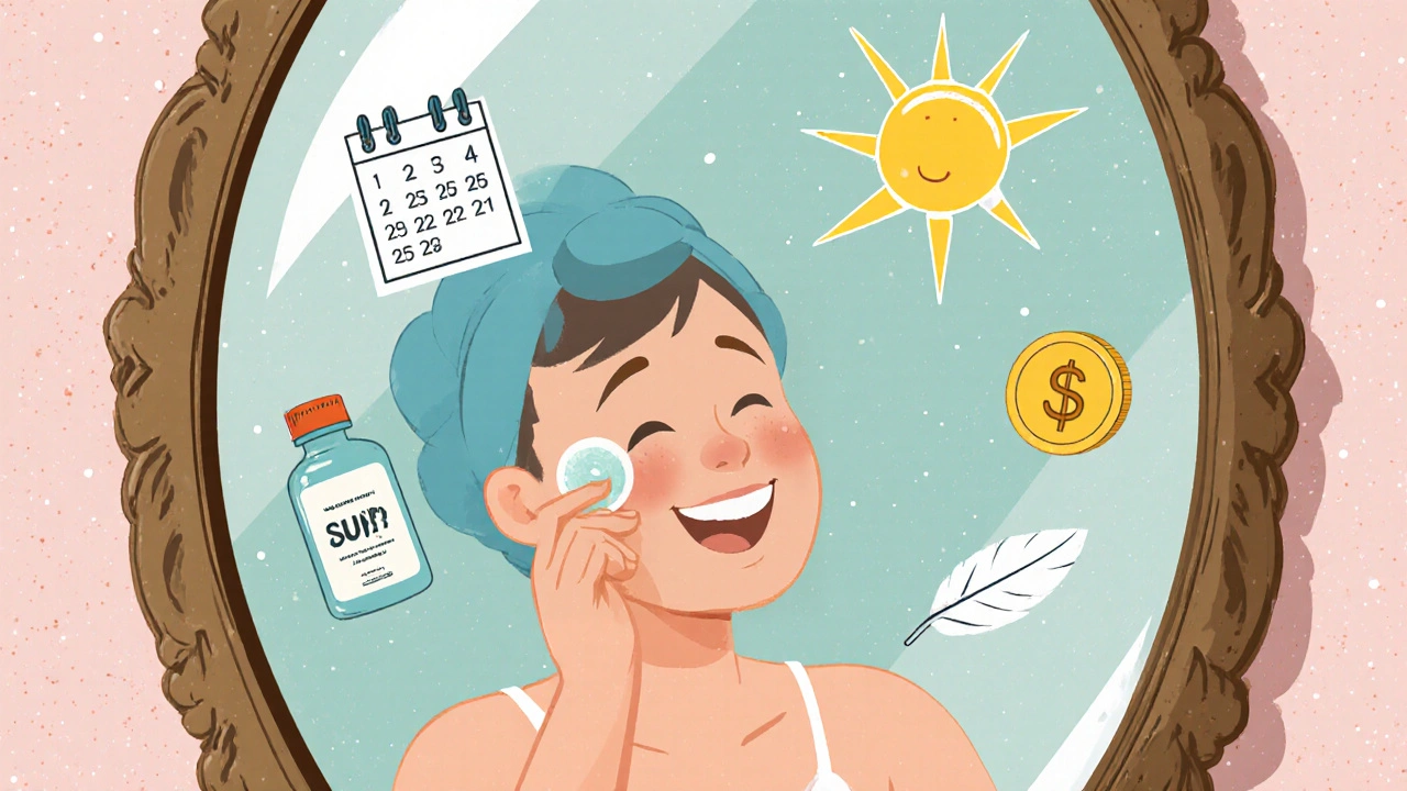 Patient applies cream to cheek with sunscreen, calendar, coin, and feather icons floating nearby.