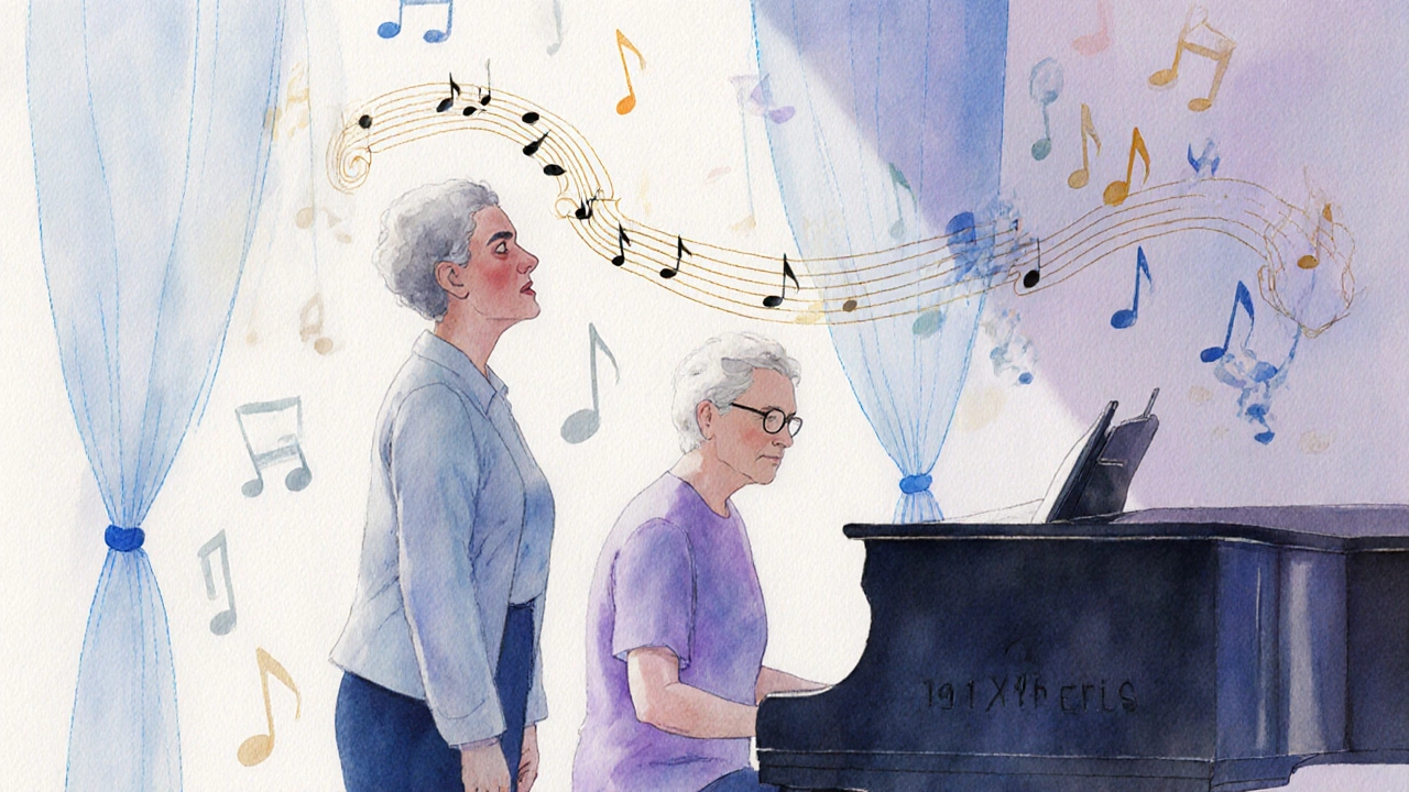 Patient singing in melodic intonation therapy with swirling musical notes around them.