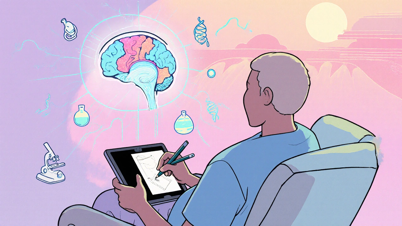 Patient using a tablet for art therapy with holographic research icons.