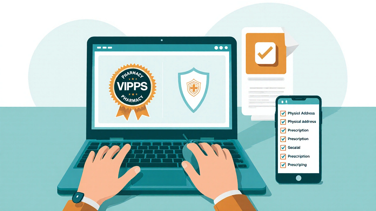 Person checking an online pharmacy on laptop with verification badges and checklist icons.