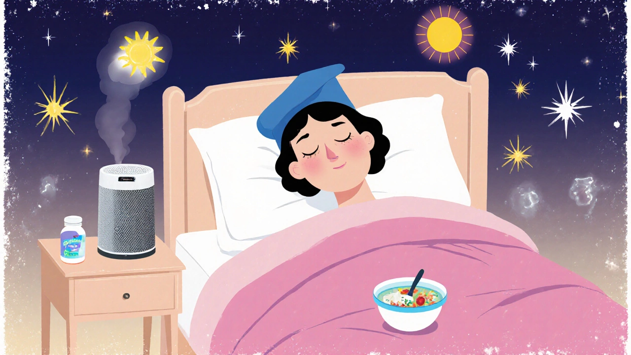Relaxed person sleeping with HEPA filter, yogurt, and antihistamine nearby.