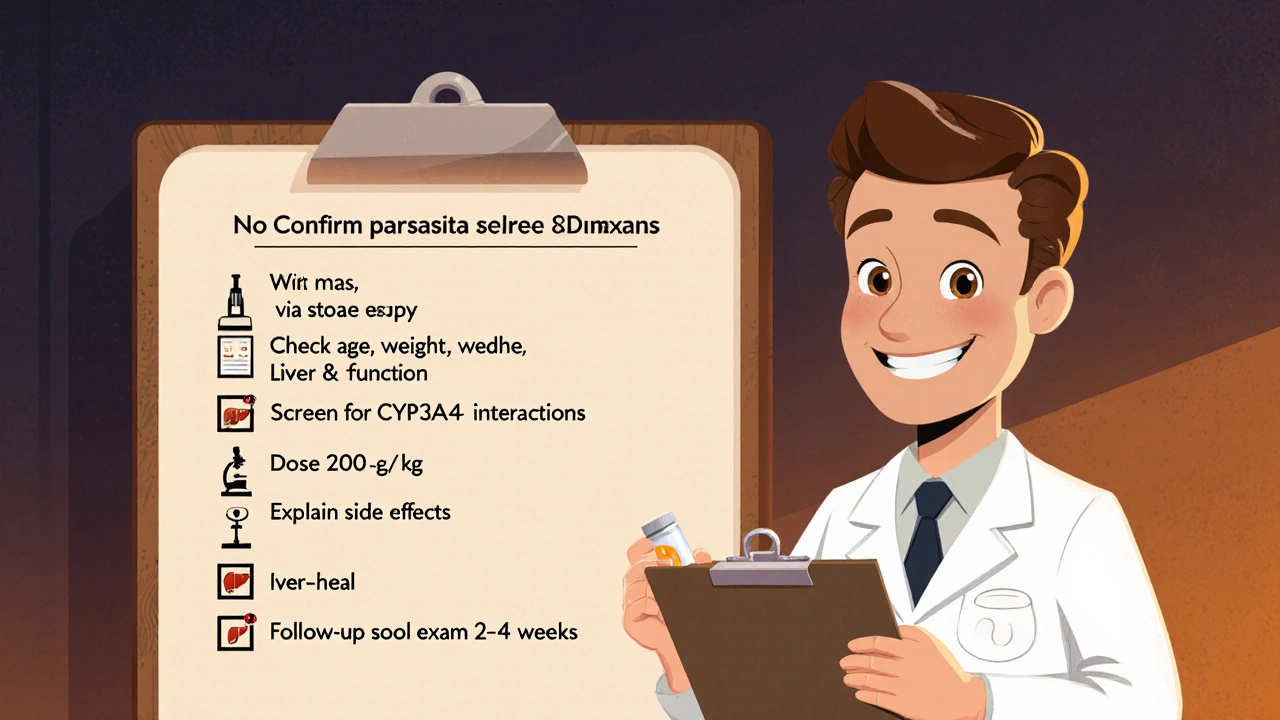 Retro doctor character with a checklist board detailing steps for prescribing Iverheal safely.