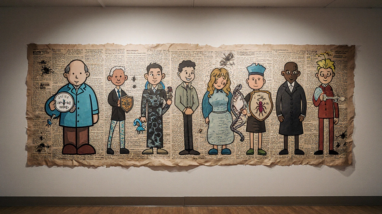 Retro mural showing eight drug characters, each illustrating a different COVID‑19 treatment.
