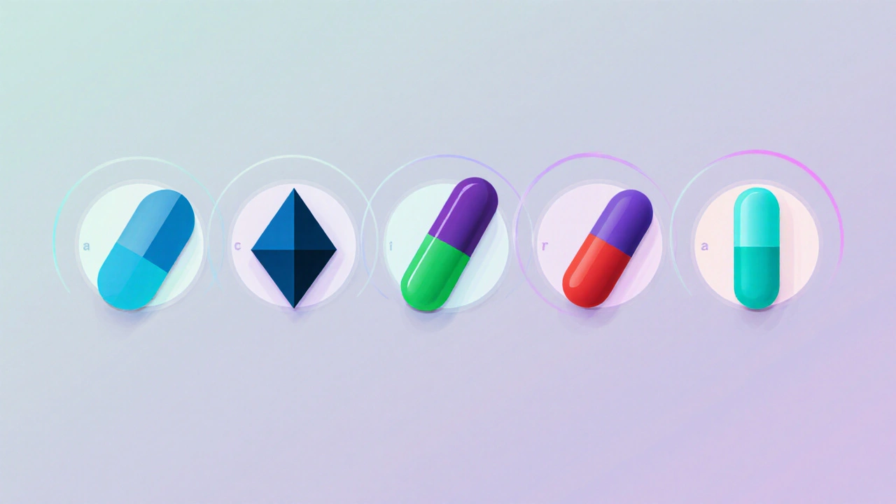 Row of different ED medication pills with subtle timing cues in the background.