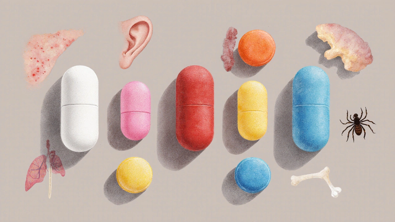 Six different antibiotic pills surrounded by icons representing skin, ear, lung, bone, tick, and throat.