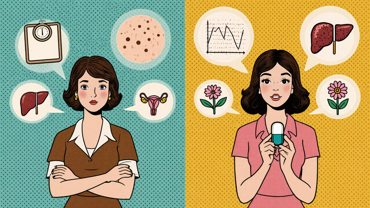 Split illustration showing side effects of Danazol versus relief from gentler treatments.