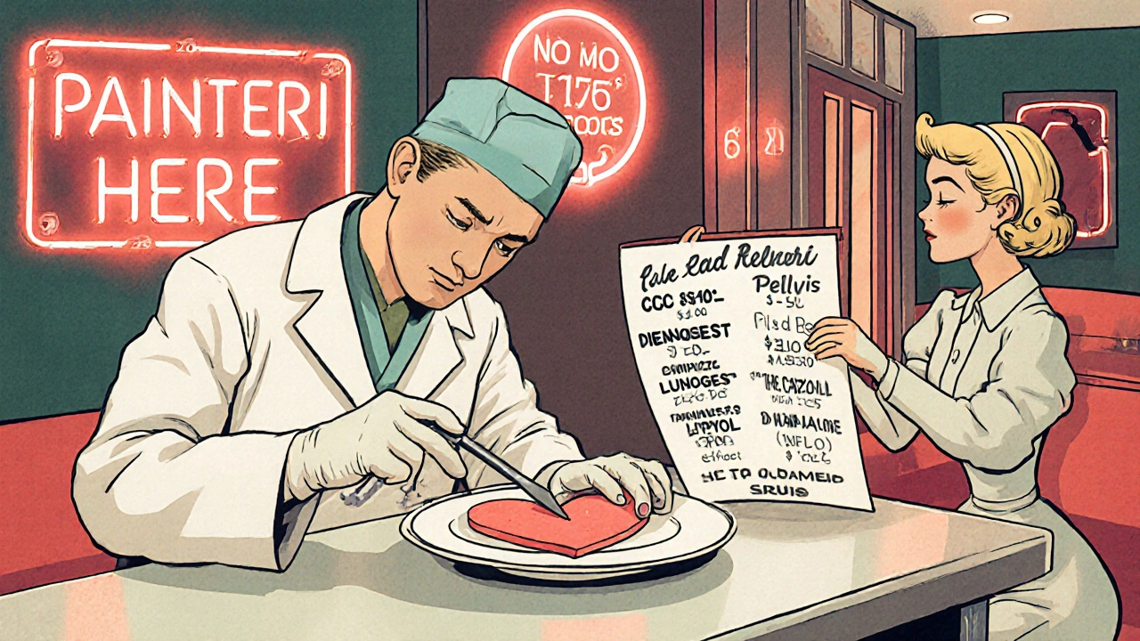 Surgical scene styled as a 1950s diner with endometriosis lesion being removed from a plate.