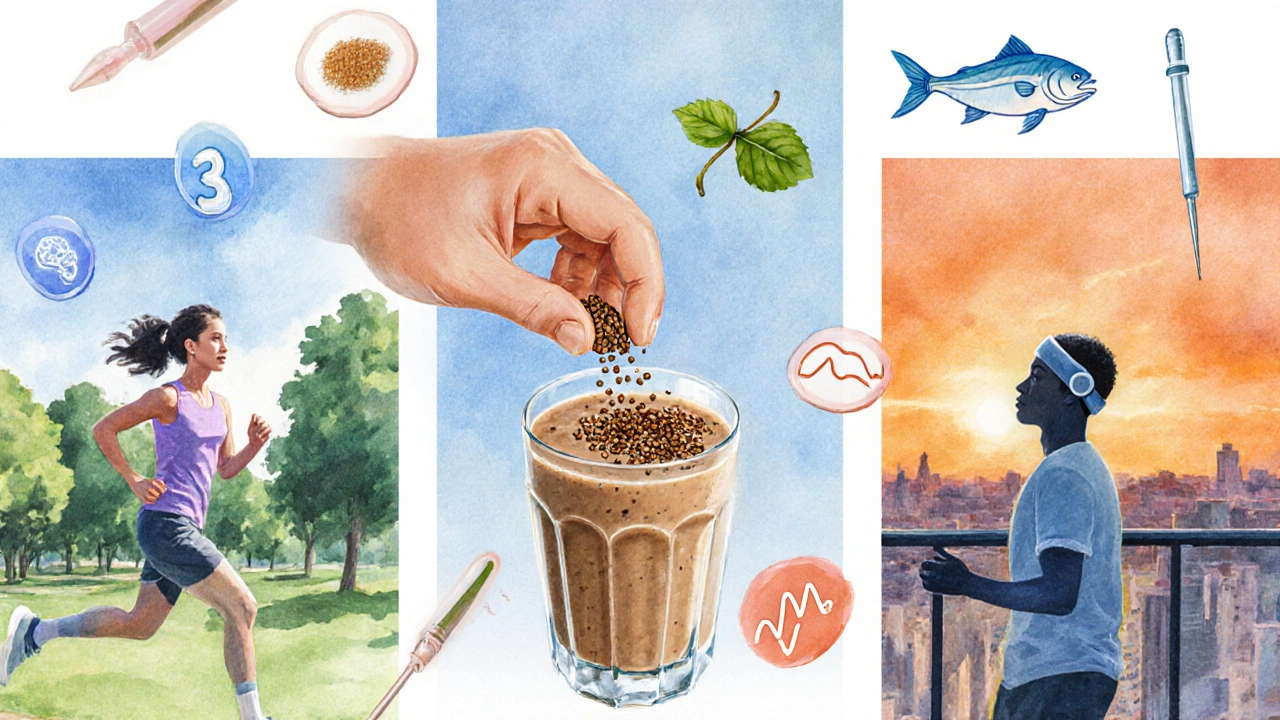 Teen juggling jogging, meditation, smoothie with flaxseed, surrounded by omega‑3, ginkgo, acupuncture, and neurofeedback icons.
