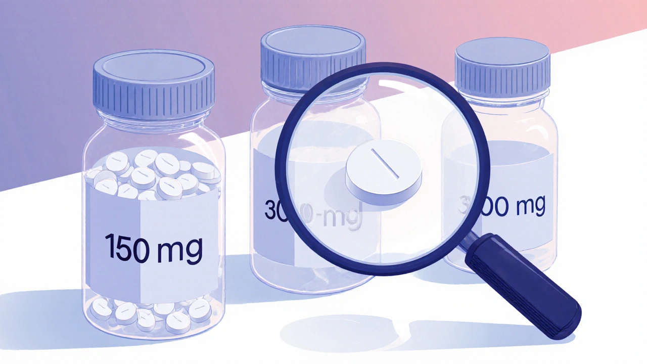 Three pill bottles with white tablets and a magnifying glass highlighting tablet imprint.