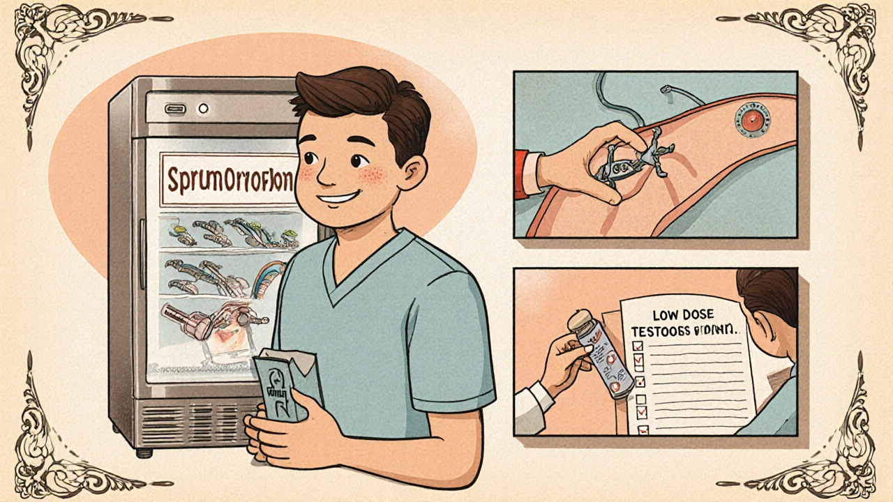 Vignette showing sperm banking, testicular extraction, and hormone recovery support.