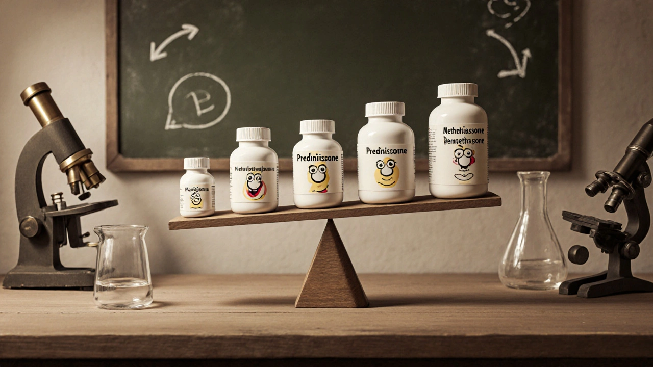 Vintage lab scale balancing cartoon bottles to show steroid potency differences.