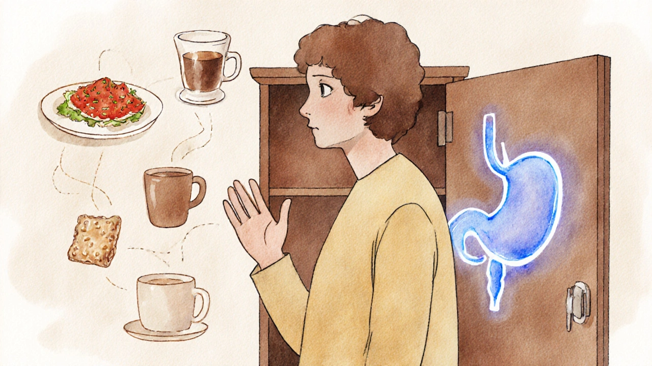 Watercolor of a person weighing medication choices near a medicine cabinet.