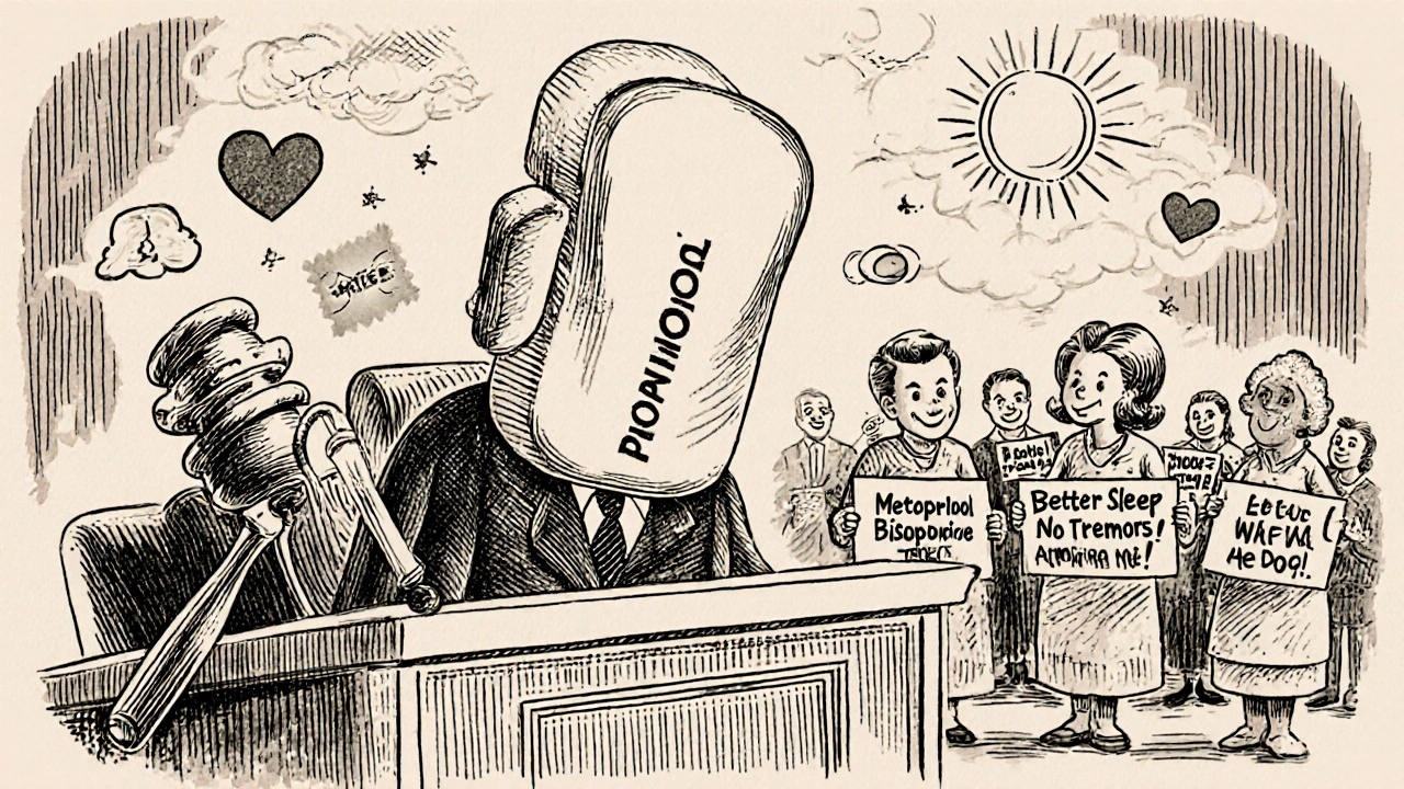 Whimsical courtroom where propranolol is on trial against alternatives, patients as jury, medical icons floating
