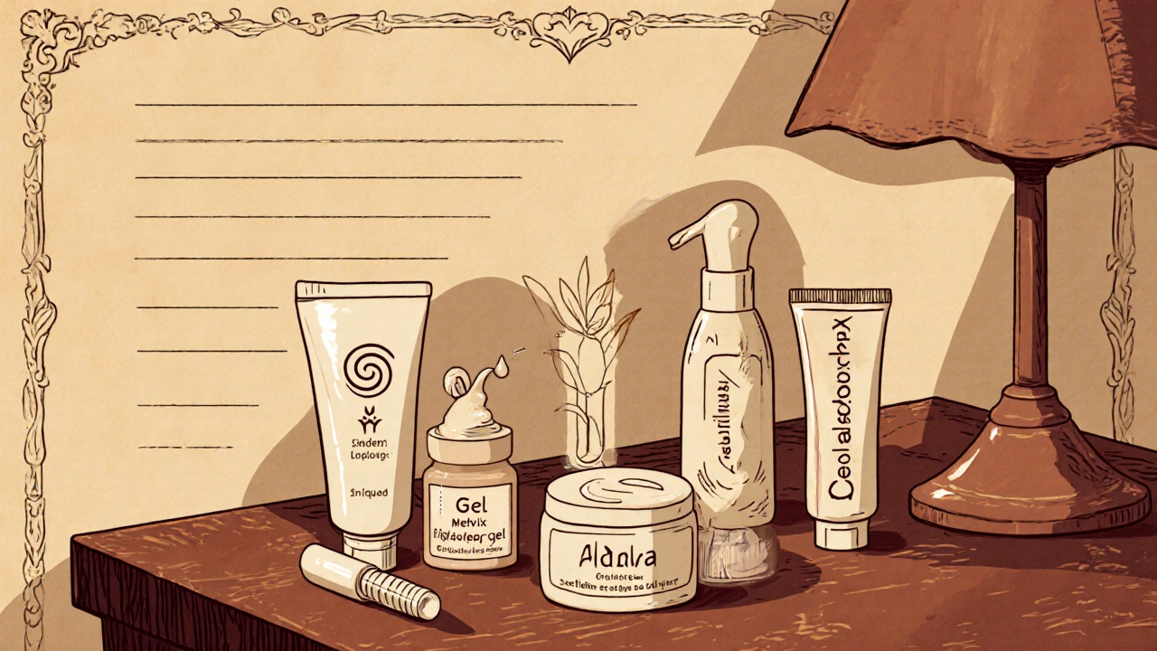 Wooden table displays six topical treatment containers with simple icons.