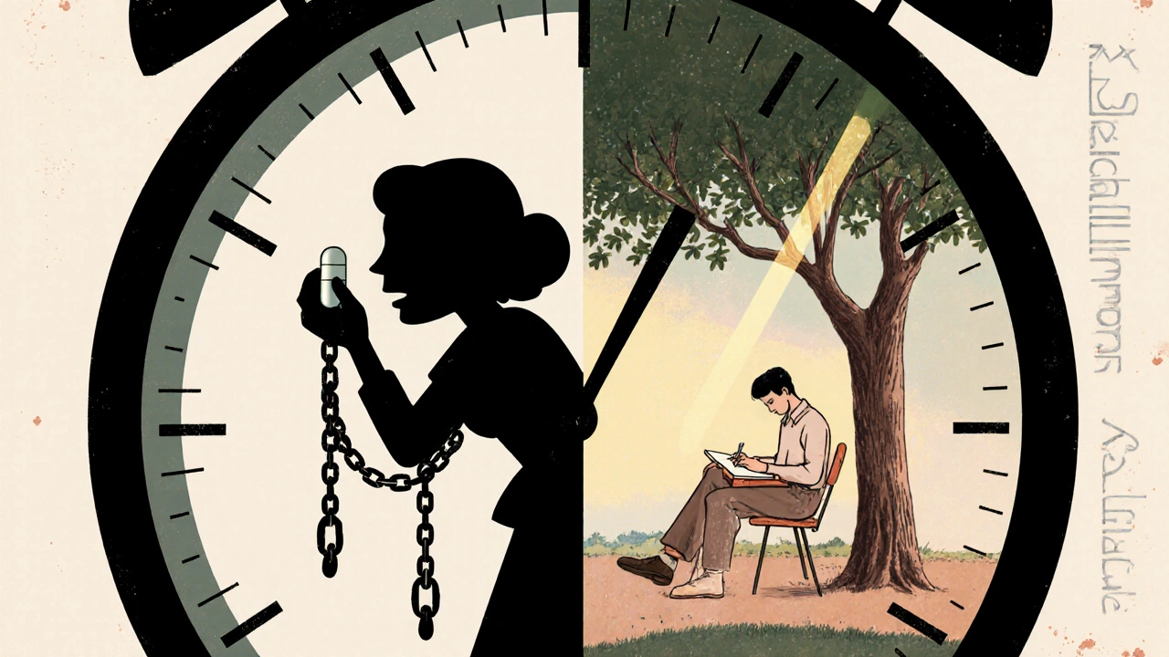 A clock splitting into two paths: one shows dependency on pills, the other shows calm journaling.