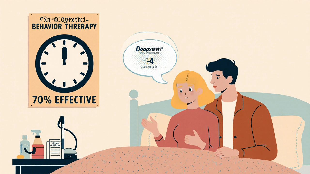 A couple practicing behavioral therapy for PE, with health tools shown on the wall, rendered in 1960s health poster style.