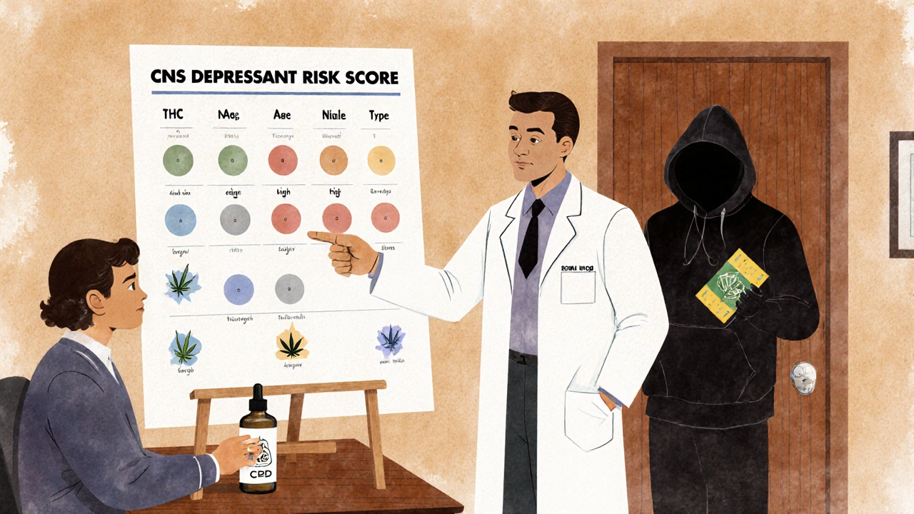A doctor explains a risk chart in a vintage office, with a patient holding CBD oil while a shadowy figure fades away with an edible.