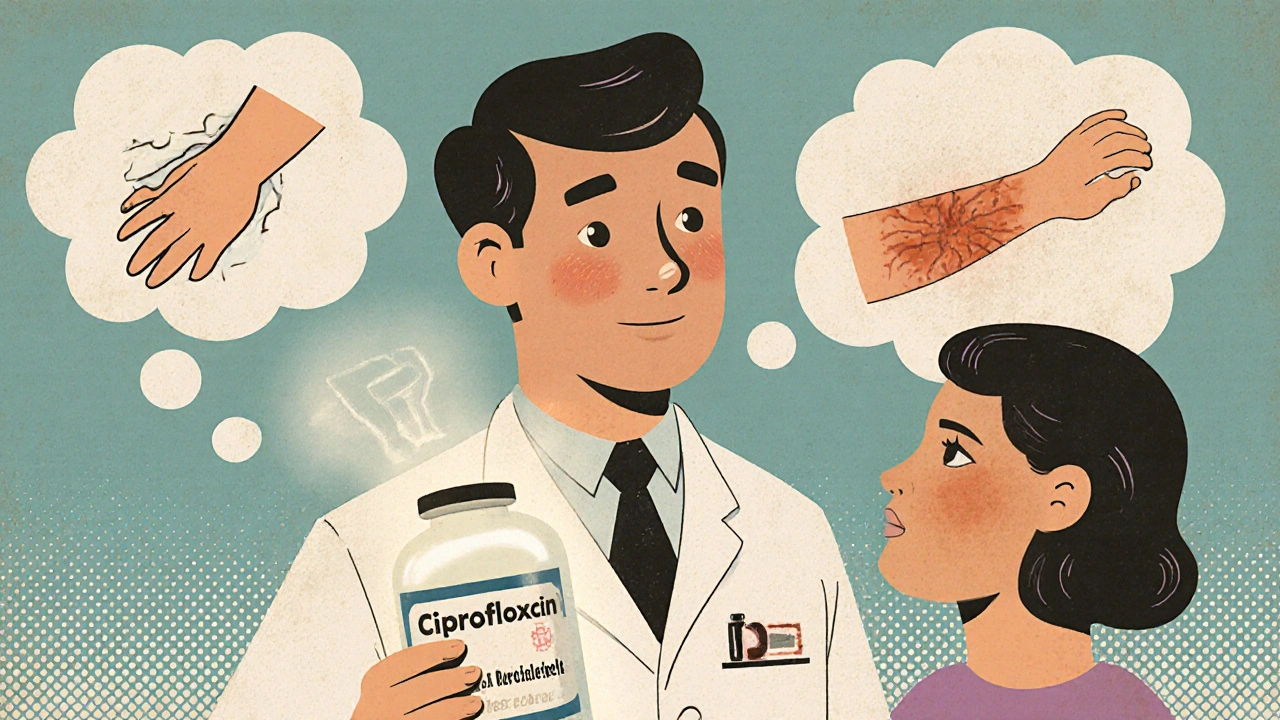 A doctor holding a Ciprofloxacin pill bottle, with visual warnings of tendon damage, nerve tingling, and sun sensitivity in thought bubble.