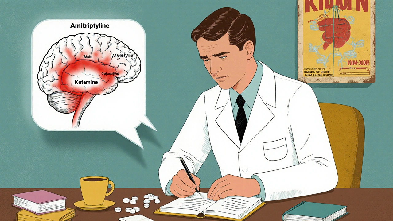 A doctor prescribing medications for phantom limb pain, with a labeled brain showing pain zones in retro medical style.
